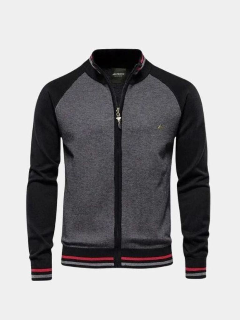 Zipper Color Block Standing Collar Cardigan Sweater - Iron & Oak