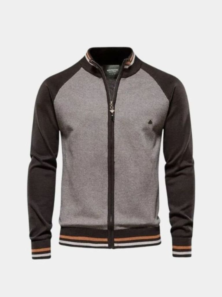 Zipper Color Block Standing Collar Cardigan Sweater - Iron & Oak